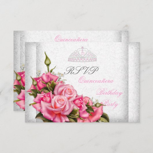 RSVPキンセアニェラかわいらしピンクローズホワイト15th 出欠カード (正面/裏面)