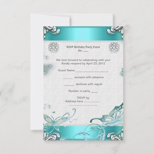 RSVPキンセアニェラパーティーティール（緑がかった色）ティアラリップスティックシューズ 出欠カード (裏面)