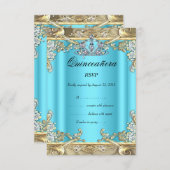 RSVPキンセアニェラブルーアクアティール（緑がかった色）金ゴールド15th誕生日 出欠カード (正面/裏面)