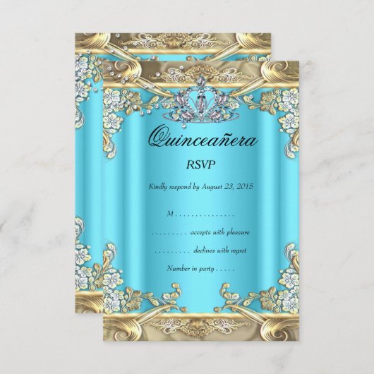 RSVPキンセアニェラブルーアクアティール(緑がかった色)金ゴールド15th誕生日 出欠カード (正面/裏面)