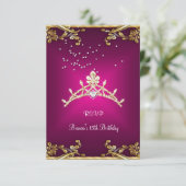 RSVPキンセアニェラ誕生日ピンクティアラ金ゴールドダイヤモンド 出欠カード (スタンド正面)