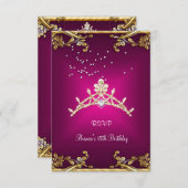 RSVPキンセアニェラ誕生日ピンクティアラ金ゴールドダイヤモンド 出欠カード (正面/裏面)