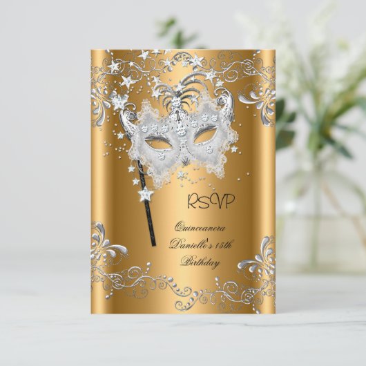 RSVPキンセアニェラ15th誕生日金ゴールドマスカレード 出欠カード (スタンド正面)