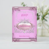 RSVPクインセアニラ15誕生日ピンクホワイトシルバー 出欠カード (スタンド正面)