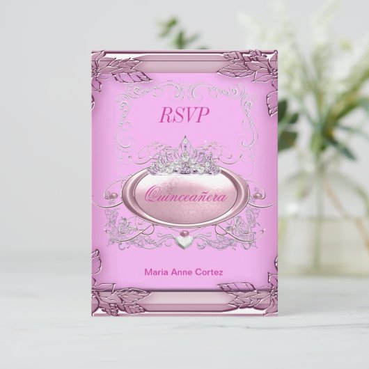 RSVPクインセアニラ15誕生日ピンクホワイトシルバー 出欠カード (スタンド正面)