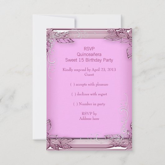RSVPクインセアニラ15誕生日ピンクホワイトシルバー 出欠カード (裏面)