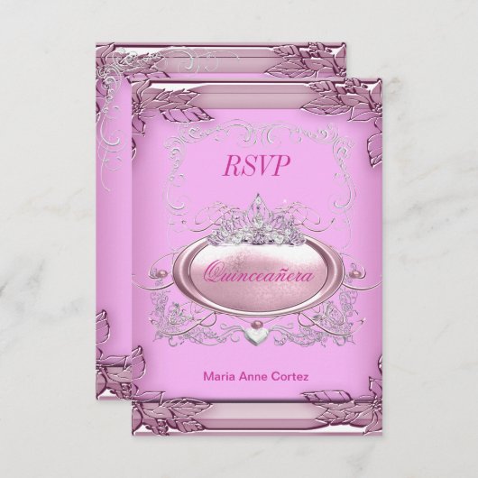 RSVPクインセアニラ15誕生日ピンクホワイトシルバー 出欠カード (正面/裏面)