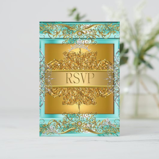 RSVPクインセアニラ15th誕生日金ゴールドティール（緑がかった色） 出欠カード (スタンド正面)