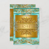 RSVPクインセアニラ15th誕生日金ゴールドティール（緑がかった色） 出欠カード (正面/裏面)