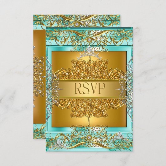 RSVPクインセアニラ15th誕生日金ゴールドティール（緑がかった色） 出欠カード (正面/裏面)