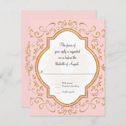 RSVPクローバーフレームスクリプト旋回金ゴールドグリッター 出欠カード (正面/裏面)