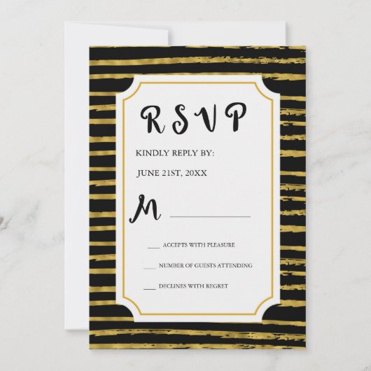 RSVPゴールドフェイクフォイルとブラック結婚式招待状 招待状 (正面)