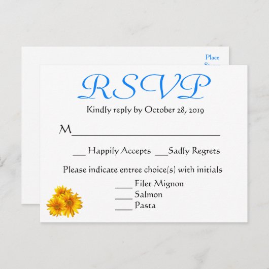RSVPサンフラワーブルー&イエローフローラ結婚ズ インビテーションポストカード (正面/裏面)