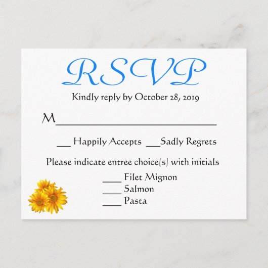 RSVPサンフラワーブルー&イエローフローラ結婚ズ インビテーションポストカード (正面)