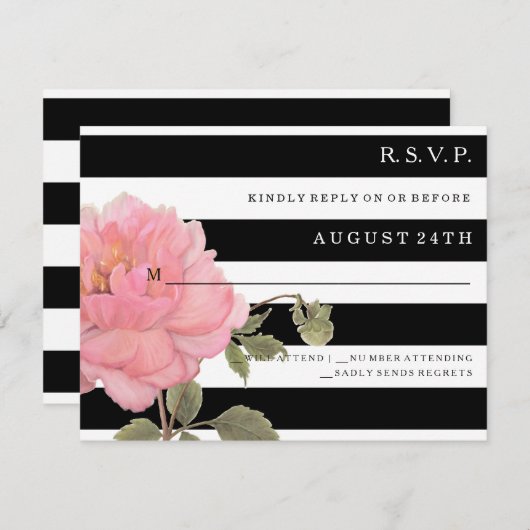 RSVPシックモダンワイドストライプピンク牡丹の花 出欠カード (正面/裏面)