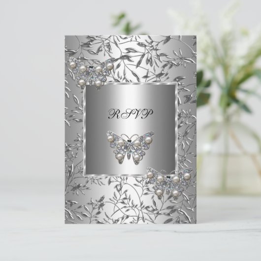 RSVPシルバーエレガントフローラバタフライジュエル 出欠カード (スタンド正面)
