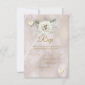 RSVPズベージュ結婚金ゴールドホワイトローズハートグリッター 出欠カード (正面)