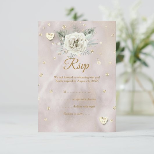 RSVPズベージュ結婚金ゴールドホワイトローズハートグリッター 出欠カード (スタンド正面)