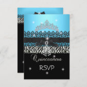 RSVPゼブラキンセアニェラ15誕生日ブルーブラック 出欠カード (正面/裏面)