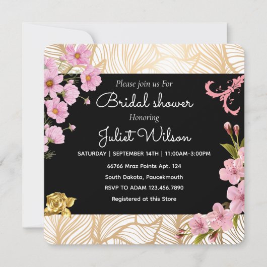 RSVPソーリーティール(緑がかった色)金ゴールドダマスクブライダルシャワー 招待状 (正面)