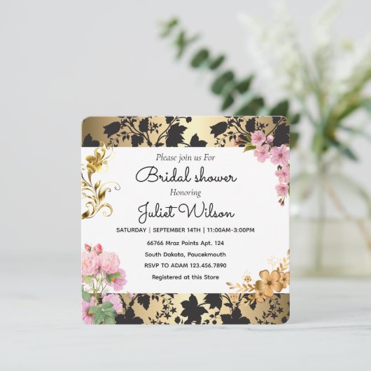 RSVPソーリーホワイトティール（緑がかった色）ダマスクブライダルシャワー 招待状 (スタンド正面)