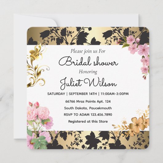 RSVPソーリーホワイトティール（緑がかった色）ダマスクブライダルシャワー 招待状 (正面)