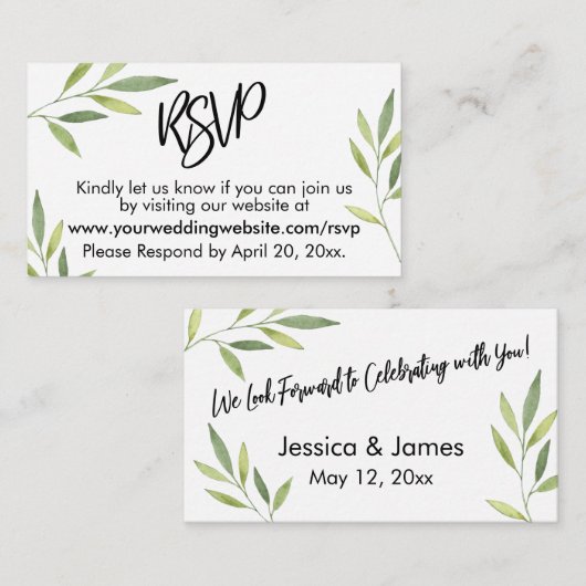 RSVPタイポグラフィ緑の葉の結婚挿入カード エンクロージャーカード (正面/裏面)