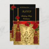RSVPダマエレガントスクブラックレッド金ゴールド誕生日パーティー 招待状 (正面/裏面)