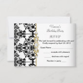 RSVPダマスクバースデーパーティー金ゴールド白黒フローラ 出欠カード (正面)