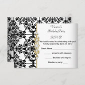 RSVPダマスクバースデーパーティー金ゴールド白黒フローラ 出欠カード (正面/裏面)