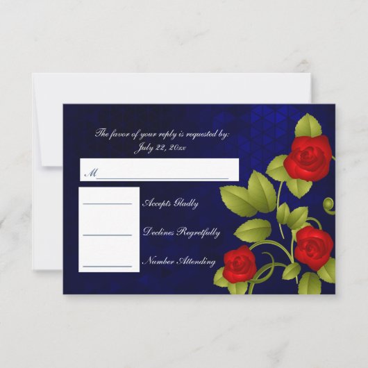 RSVPダークブルーとレッドローズ結婚ズ 出欠カード (正面)