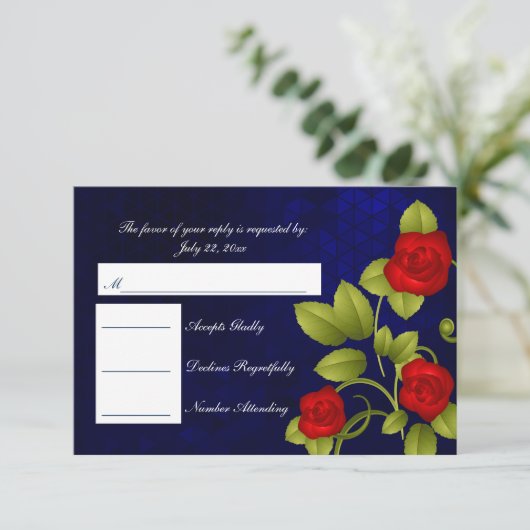 RSVPダークブルーとレッドローズ結婚ズ 出欠カード (スタンド正面)