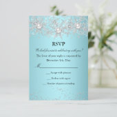 RSVPティール(緑がかった色)ブルークリスタルパールスノーフレーク冬 出欠カード (スタンド正面)