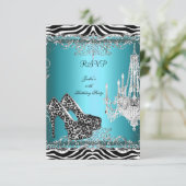 RSVPティール（緑がかった色）ブルーゼブラヒョウ印刷パーティーシューズ 出欠カード (スタンド正面)