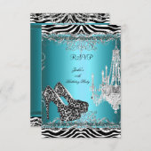 RSVPティール（緑がかった色）ブルーゼブラヒョウ印刷パーティーシューズ 出欠カード (正面/裏面)