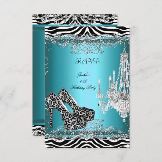 RSVPティール（緑がかった色）ブルーゼブラヒョウ印刷パーティーシューズ 出欠カード (正面/裏面)