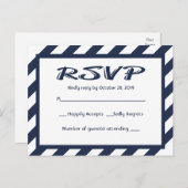 RSVPネイビーブルー&ホワイトストライプハガキ航海のー インビテーションポストカード (正面/裏面)
