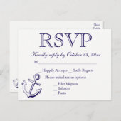 RSVPネイビー航海のブルーいかりウェディングパーティー インビテーションポストカード (正面/裏面)