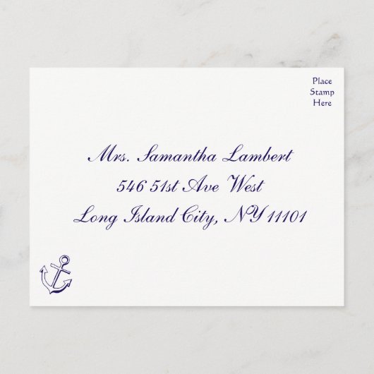 RSVPネイビー航海のブルーいかりウェディングパーティー インビテーションポストカード (裏面)