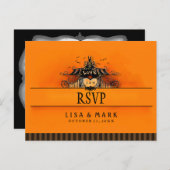 RSVPハロウィンポストカード – オレンジ&ブラックラブ インビテーションポストカード (正面/裏面)