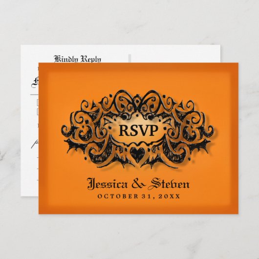 RSVPハロウィーンはっきりしたオレンジブラックメニュー葉書 インビテーションポストカード (正面/裏面)