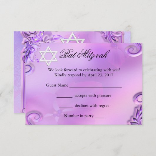 RSVPバルミツワーガールかわいらしパープルピンクフローラ 出欠カード (正面/裏面)