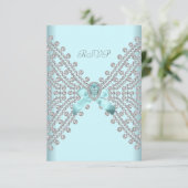 RSVPバースデーパーティーティール（緑がかった色）ブルーシルバーホワイトダイヤモンド 出欠カード (スタンド正面)