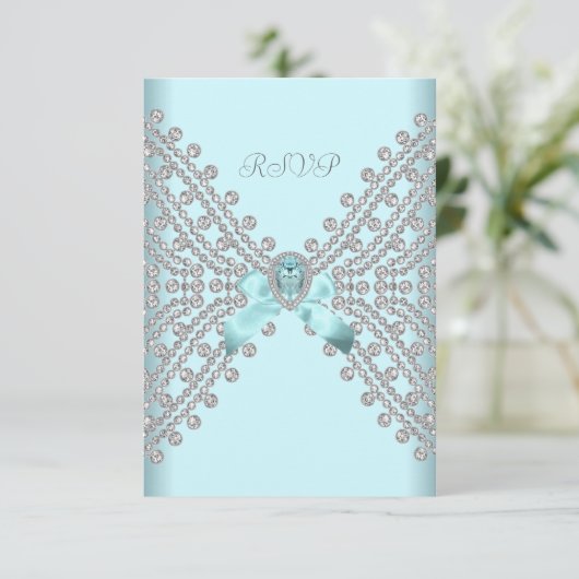 RSVPバースデーパーティーティール（緑がかった色）ブルーシルバーホワイトダイヤモンド 出欠カード (スタンド正面)