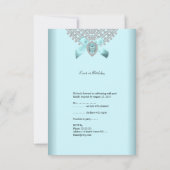 RSVPバースデーパーティーティール（緑がかった色）ブルーシルバーホワイトダイヤモンド 出欠カード (裏面)