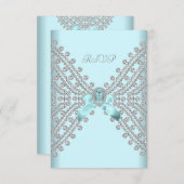 RSVPバースデーパーティーティール（緑がかった色）ブルーシルバーホワイトダイヤモンド 出欠カード (正面/裏面)