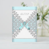 RSVPバースデーパーティーティール（緑がかった色）ブルーシルバーホワイトダイヤモンド 出欠カード (スタンド正面)