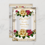 RSVPバースデーパーティーバラホワイト金ゴールドレッドクリーム 招待状 (正面/裏面)