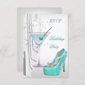 RSVPバースデーパーティーホワイトティール（緑がかった色）マルティニパールシューズ 招待状 (正面/裏面)