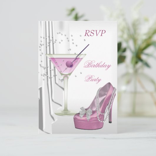 RSVPバースデーパーティーホワイトピンクマルティニパールシューズ 招待状 (スタンド正面)